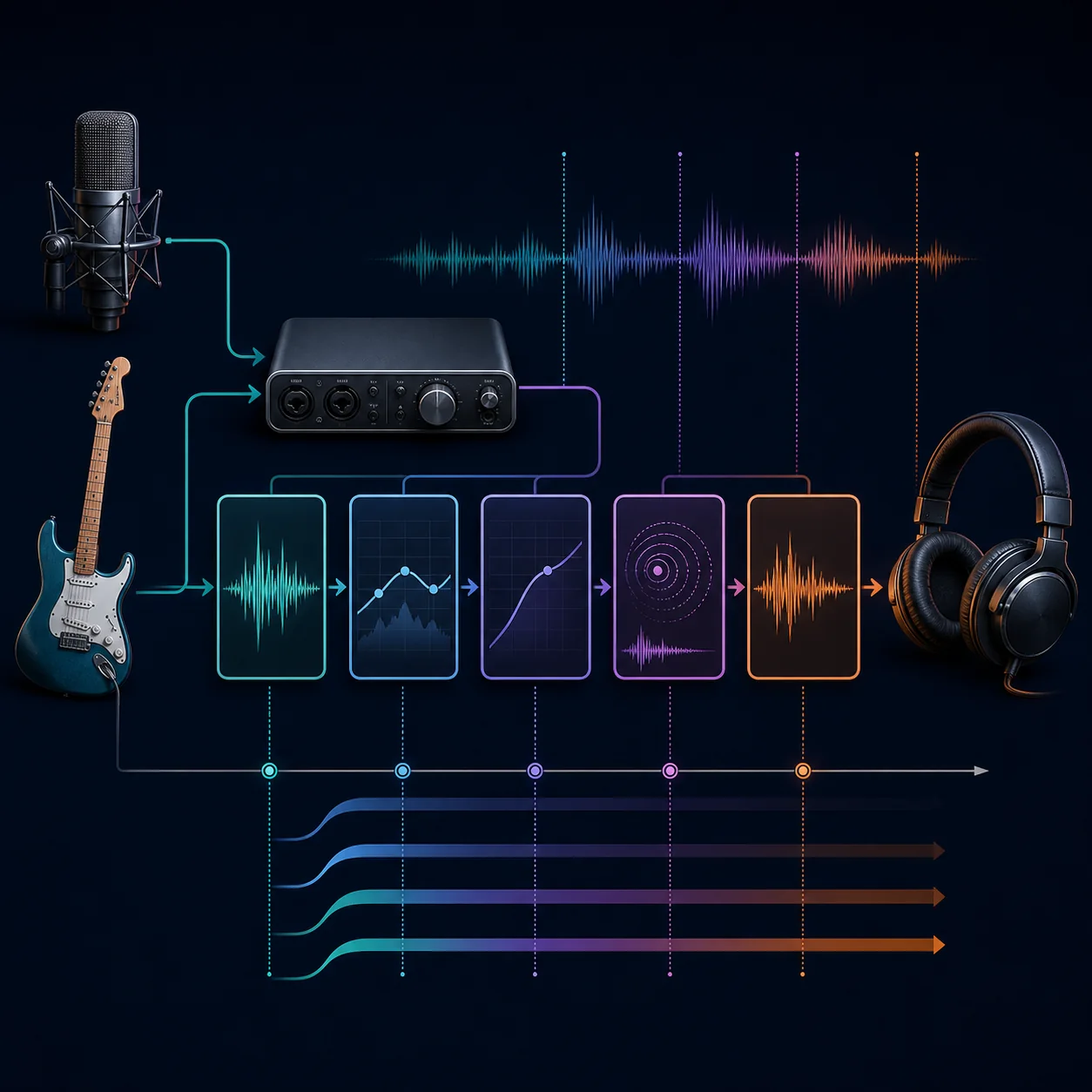 Editorial diagram of an audio signal passing through an interface, processing stages and headphones