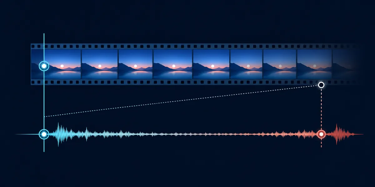 Editorial timeline showing a video film strip and audio waveform moving farther apart over time