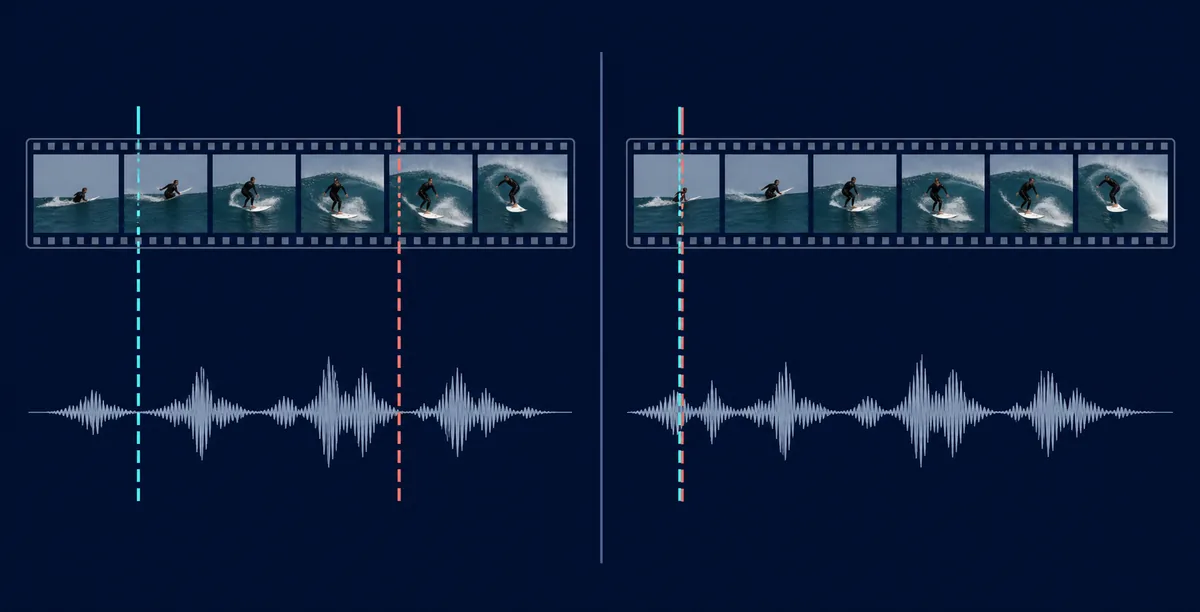 Comparison diagram showing a constant audio-video offset beside a gap that grows over time