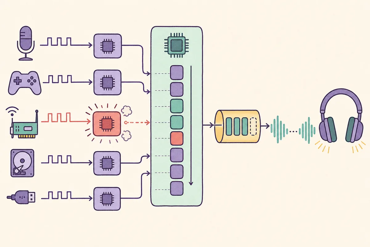 Diagram showing network, GPU, storage and USB driver callbacks competing with a Windows audio buffer