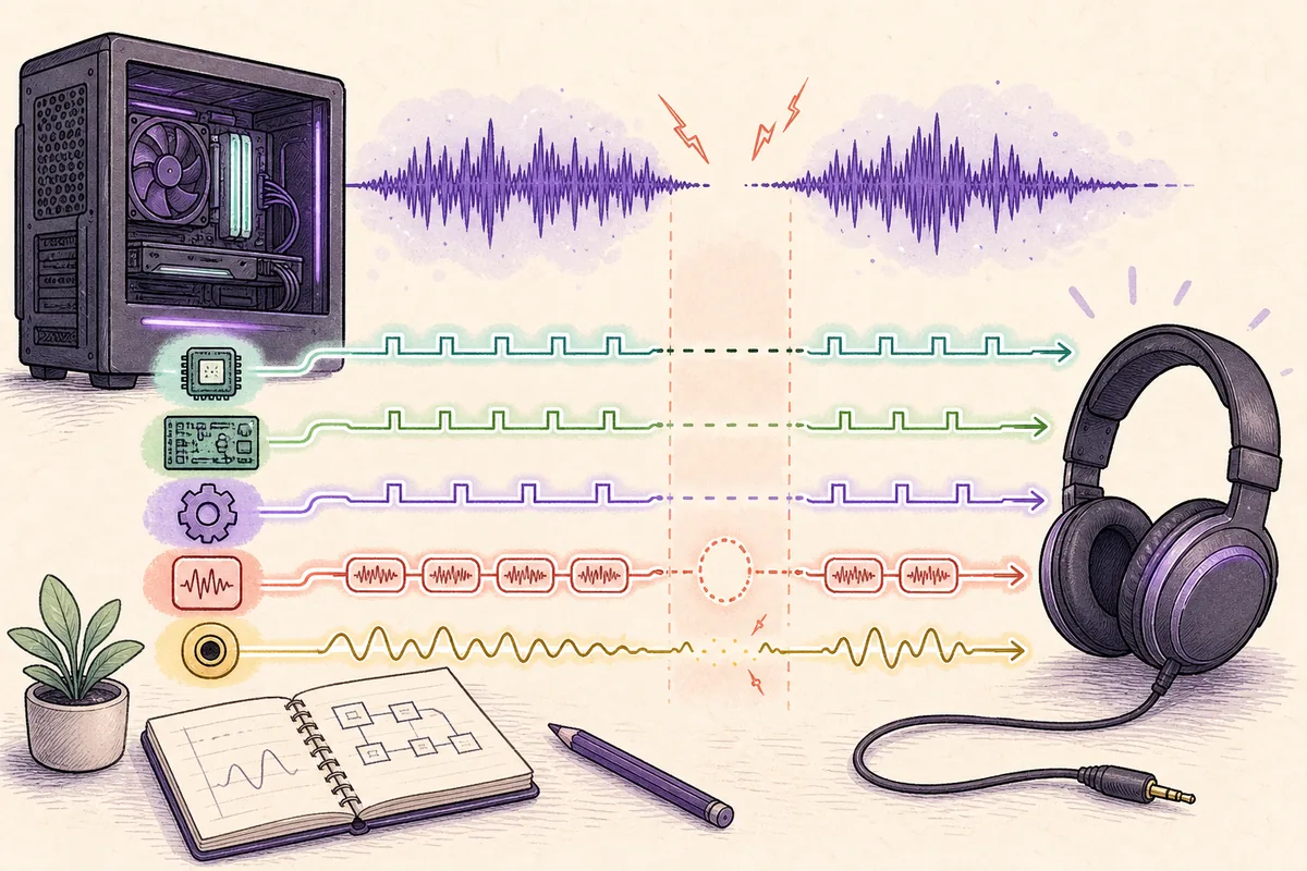 Illustration of a Windows PC audio stream interrupted by a driver latency spike