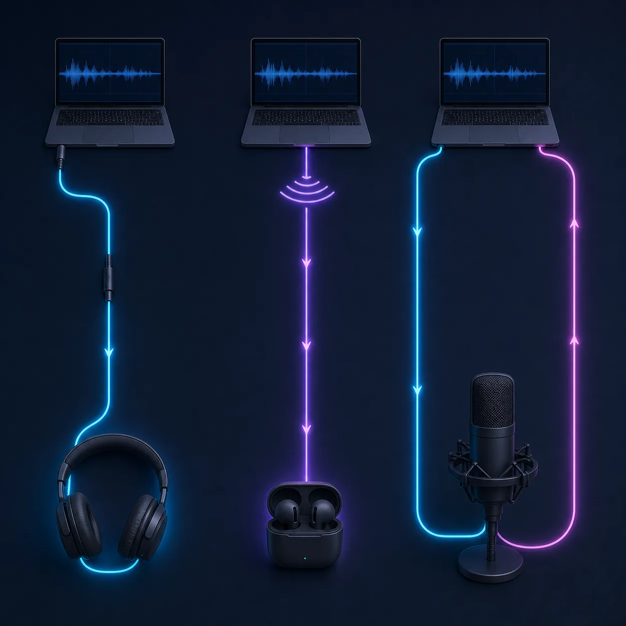 Diagram-style comparison of wired headphones, Bluetooth earbuds and microphone round-trip audio paths