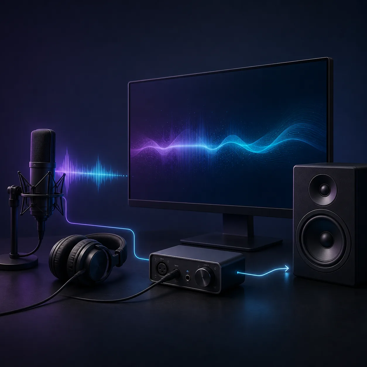 Desktop PC audio setup with headphones, microphone, USB interface and speaker connected by a glowing signal path