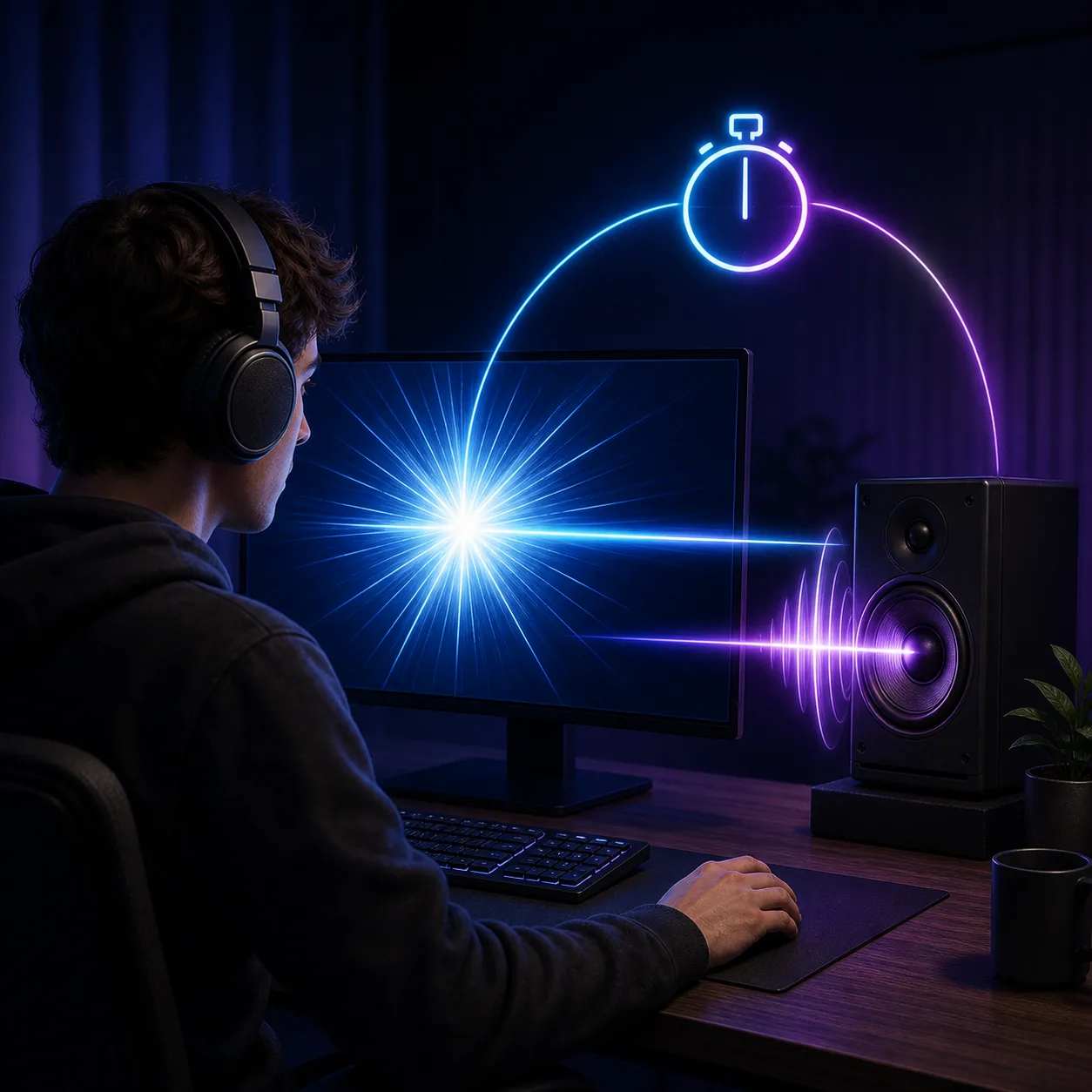 Person testing a PC audio delay with headphones while a screen flash and speaker pulse are separated in time