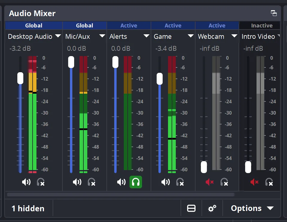 Official OBS Audio Mixer showing desktop, microphone, alerts and game audio sources