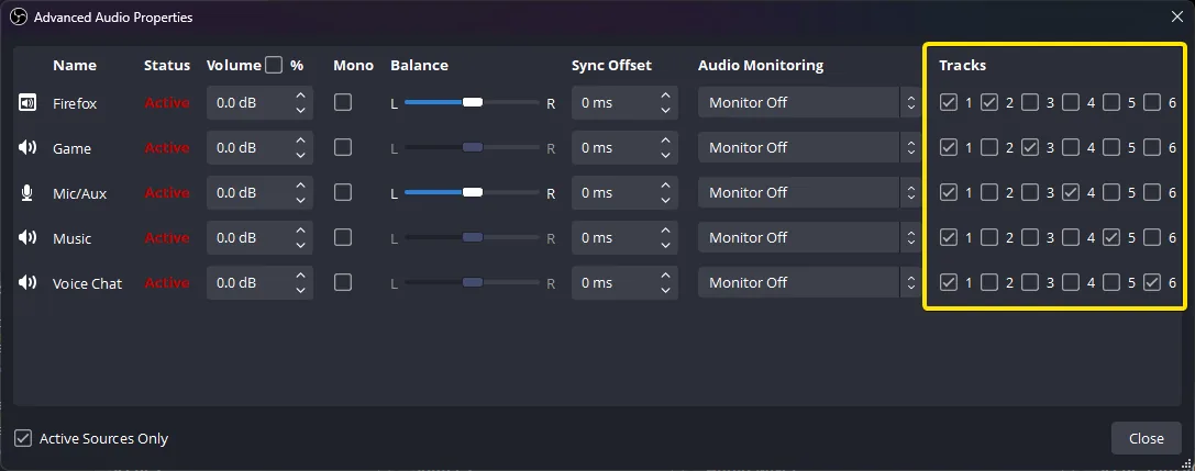 OBS Advanced Audio Properties window with Sync Offset and Audio Monitoring columns