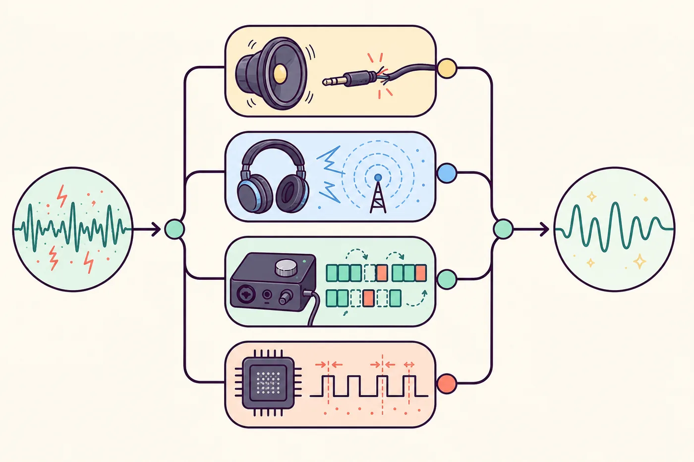 Diagram showing speaker, Bluetooth, audio interface and driver timing causes of crackling audio