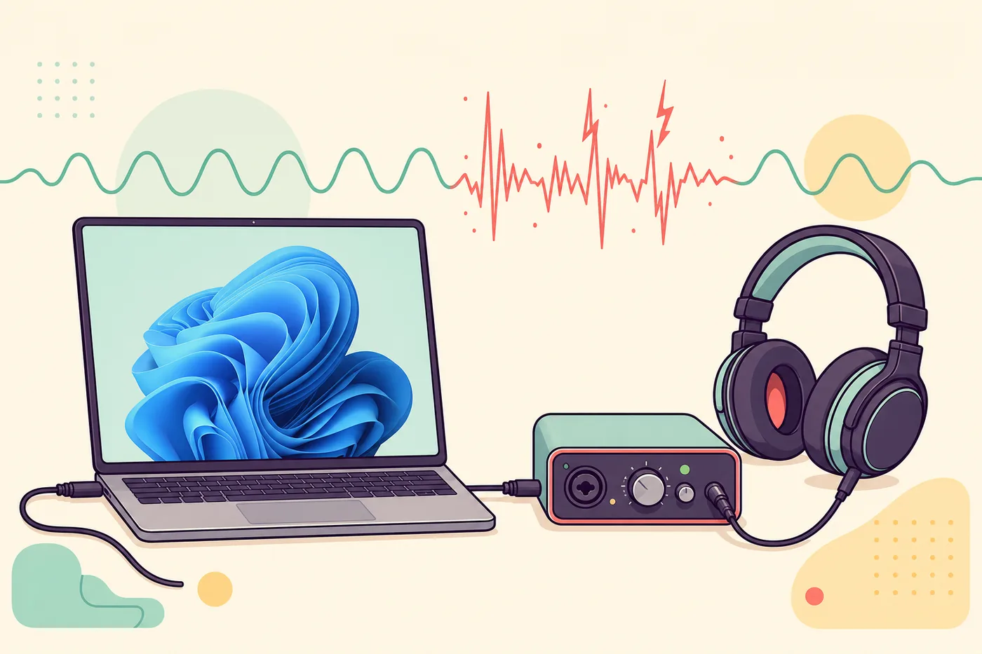 Illustration of a Windows 11 laptop, audio interface and headphones with a crackling waveform